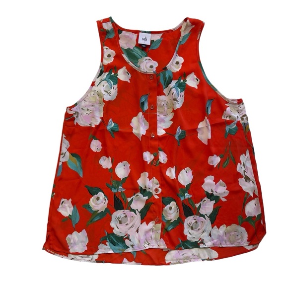 CABI MANET ORANGE FLORAL BUTTON UP SLEEVELESS SHEER TANK BLOUSE - SIZE LARGE - Picture 12 of 12